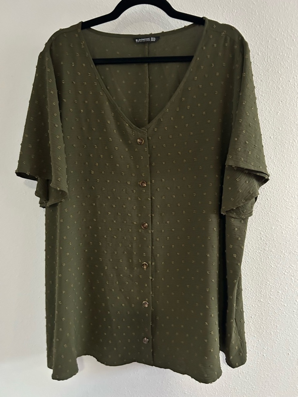 BloomChic Olive Textured Button-Front Flutter Sleeve Top